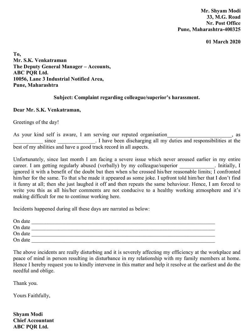 Download Workplace Harassment Complaint Letter Excel ...