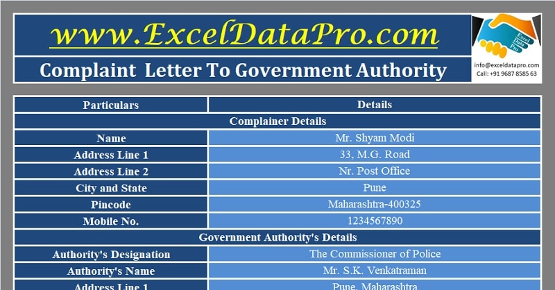 Download Complaint Letter To Government Authority Excel Template