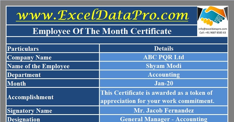 Download Employee Of The Month Certificate Excel Template