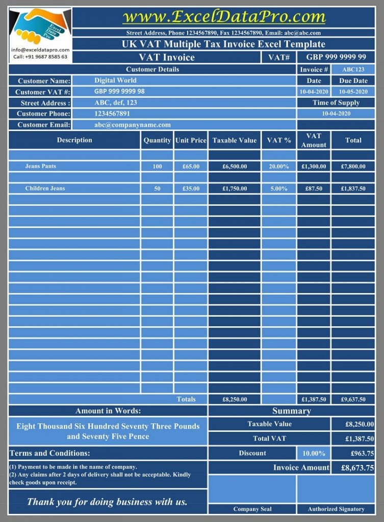 Download UK VAT Multiple Tax Invoice Excel Template ExcelDataPro