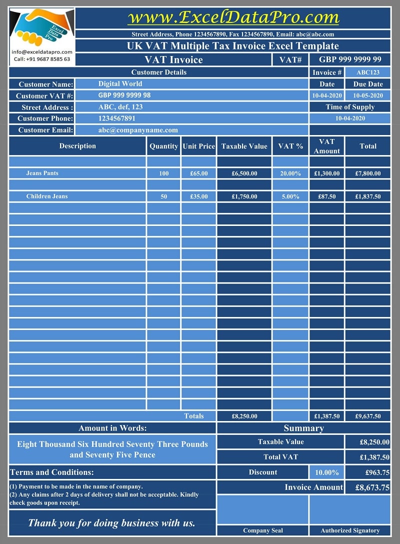 UK VAT Multiple Tax Invoice