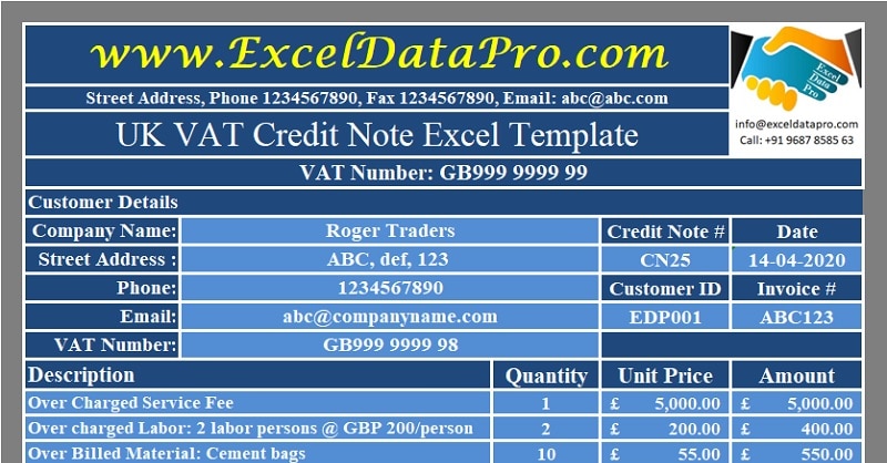 Download UK VAT Credit Note Excel Template