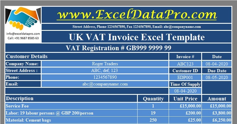 Download UK VAT Invoice Excel Template