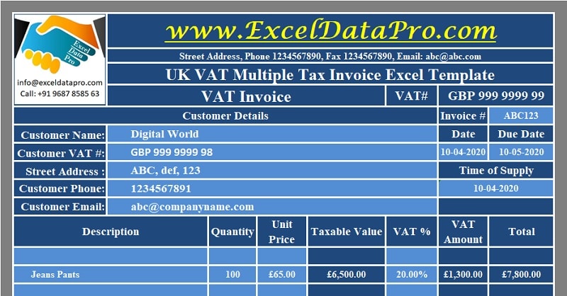 Download UK VAT Multiple Tax Invoice Excel Template
