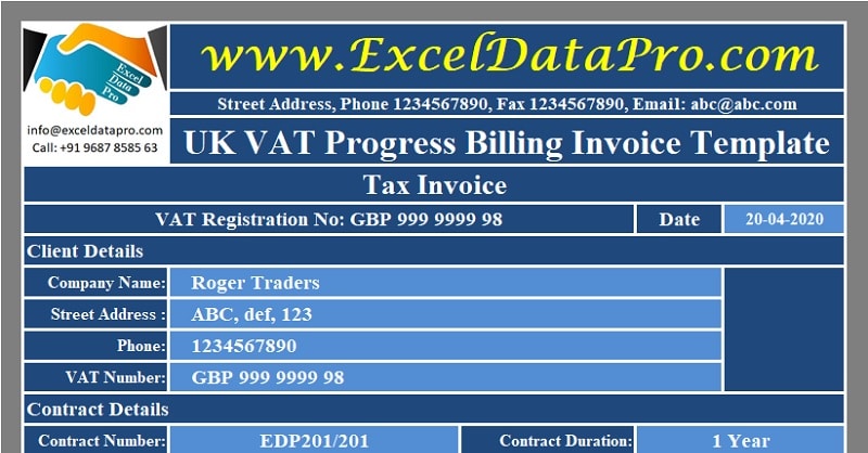 Download UK VAT Progress Billing Invoice Excel Template