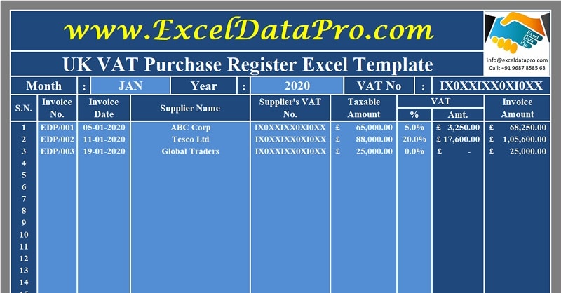 Download UK VAT Purchase Register Excel Template