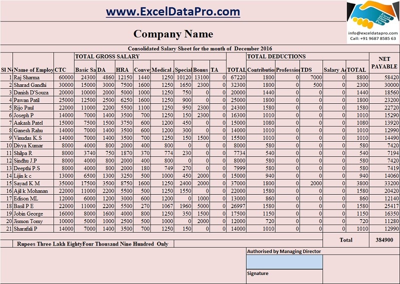 Download Salary Sheet Excel Template - ExcelDataPro