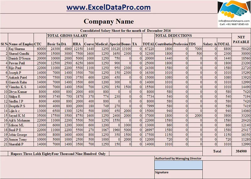 Download Salary Sheet Excel Template Exceldatapro